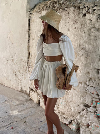 Square Neck Puff Sleeve Two Piece Skirt Set
