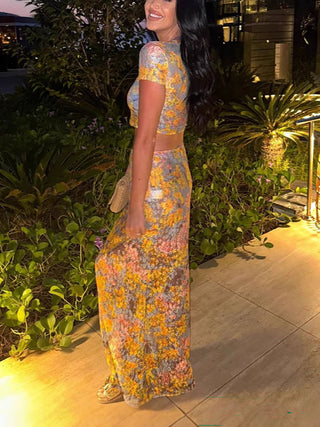 Floral Print Crop Top Maxi Skirt Two Piece Set