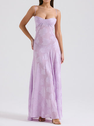 Spaghetti Strap Floral Mesh Lace‑Up Back Maxi Dress