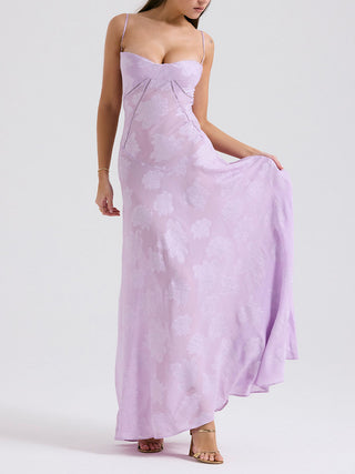 Spaghetti Strap Floral Mesh Lace‑Up Back Maxi Dress