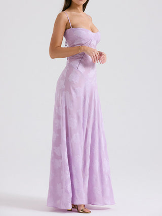 Spaghetti Strap Floral Mesh Lace‑Up Back Maxi Dress