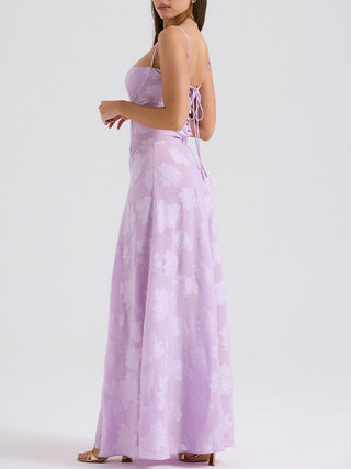 Spaghetti Strap Floral Mesh Lace‑Up Back Maxi Dress