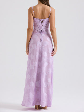 Spaghetti Strap Floral Mesh Lace‑Up Back Maxi Dress
