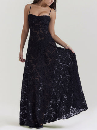 Spaghetti Strap Floral Mesh Lace‑Up Back Maxi Dress