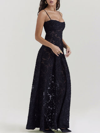 Spaghetti Strap Floral Mesh Lace‑Up Back Maxi Dress