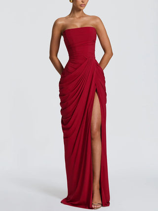 Strapless Draped High Slit Bodycon Maxi Dress
