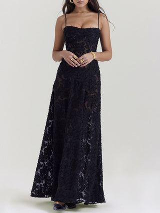 Spaghetti Strap Floral Mesh Lace‑Up Back Maxi Dress