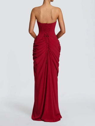 Strapless Draped High Slit Bodycon Maxi Dress