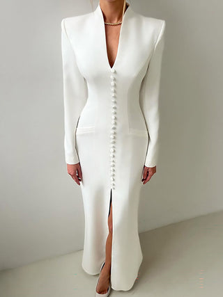 Stand Collar Button Front Slit Maxi Dress