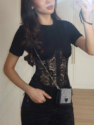 Women Sheer Lace Corset Slim Fit Crop Top