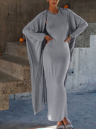 Sleeveless Maxi Dress Long Cardigan Two Piece Set