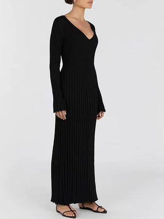 V‑Neck Long Sleeve Ribbed Knit Midi Dress