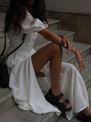 Deep V Puff Sleeve Button Front Slit Midi Dress