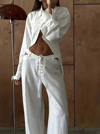Irregular Shirt Cutout Lace-Up Pants Two Piece Set
