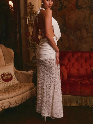 Halter Cowl Neck Floral Lace Mermaid Maxi Dress