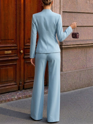 Tailored Pinstripe Blazer With Wide‑Leg Trousers Two Pieces Suit