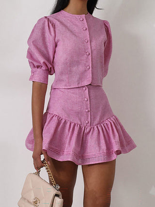 Puff Sleeve Crop Top Ruffle Skirt Two Piece Set