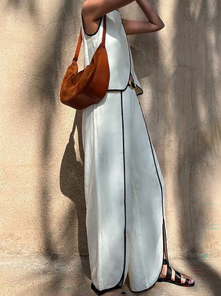 Contrast Trim Sleeveless Top Slit Pant Two Piece Set