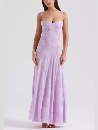 Spaghetti Strap Floral Mesh Lace‑Up Back Maxi Dress