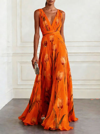 Tulip Print V Neck Sleeveless Maxi Dress