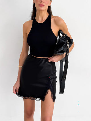 Satin Lace Trim Split Mini Skirt