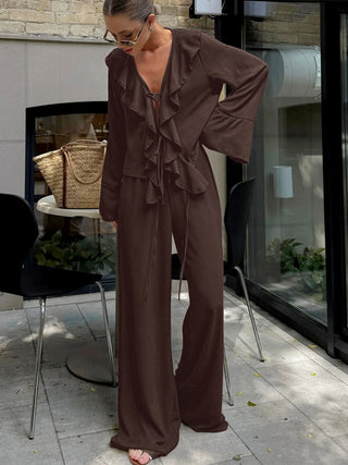 Ruffled Tie Blouse Wide Leg Pants Two Piece Set