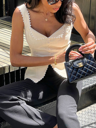 Lace Trim Button Front Sleeveless Corset Top