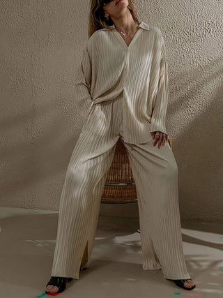 Pleated Shirt Split Wide Leg Pants Two Piece Set