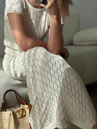 Knitted Short Sleeve Top Midi Skirt Two Piece Outfit