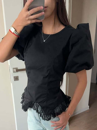 Puff Sleeve Lace Trim Irregular Hem Blouse