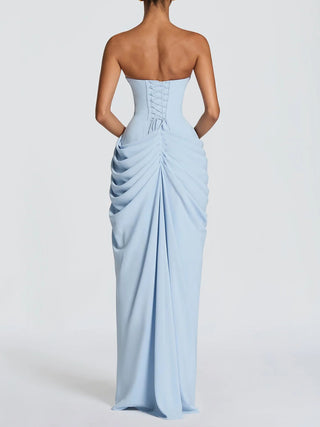Strapless Draped High Slit Bodycon Maxi Dress