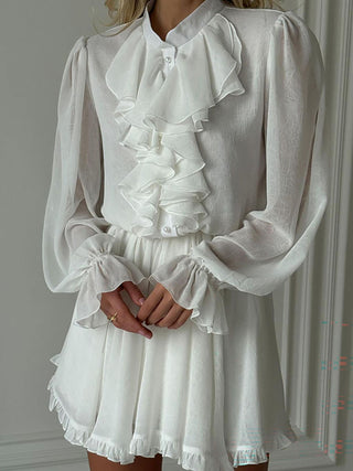 Ruffle Neck Puff Sleeve Mini Dress