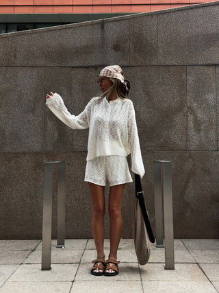 Hollow Knit Cardigan Shorts Two Piece Outfit
