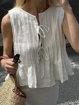 Sleeveless Pleated Lace-Up Blouse Top