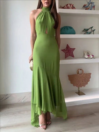 Halter Neck Cutout Bow Decor Irregular Hem Midi Evening Dress
