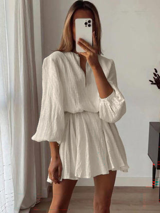 V-Neck Puff Long Sleeve Belted Casual Swing Mini Dress