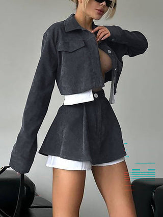 Cropped Button Jacket Mini Skirt Fashion Two Piece Outfit