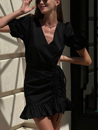 Puff Sleeve V Neck Ruched Ruffle Wrap Mini Dress