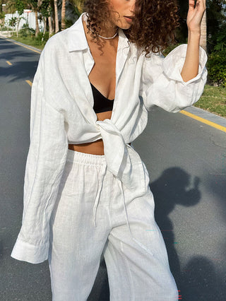 Loose Button Shirt Drawstring Wide Leg Pants Two Piece Set