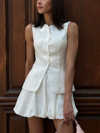 Sleeveless Button Vest Bubble Mini Skirt Two Piece Outfit