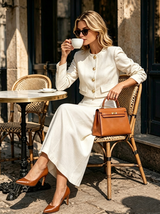 Elegant Tweed Cropped Jacket Midi Skirt Two‑Piece Set