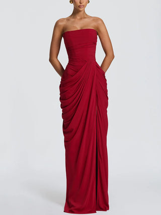 Strapless Draped High Slit Bodycon Maxi Dress