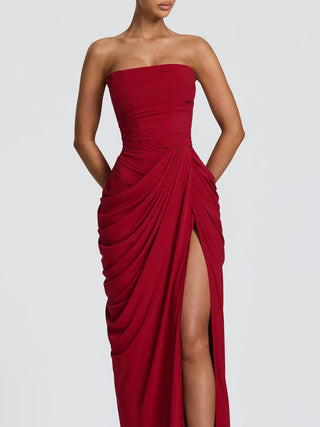 Strapless Draped High Slit Bodycon Maxi Dress