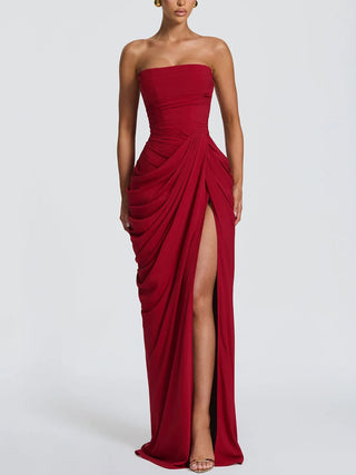 Strapless Draped High Slit Bodycon Maxi Dress