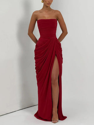 Strapless Draped High Slit Bodycon Maxi Dress