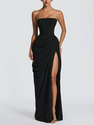 Strapless Draped High Slit Bodycon Maxi Dress