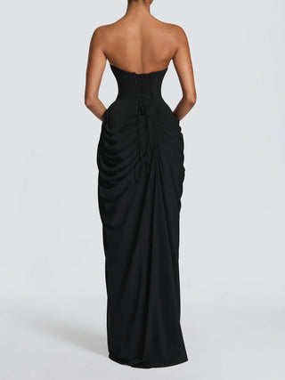 Strapless Draped High Slit Bodycon Maxi Dress