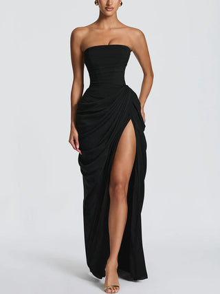 Strapless Draped High Slit Bodycon Maxi Dress