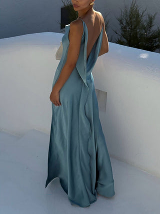 Satin Cowl Neck Slit Spaghetti Strap Maxi Dress