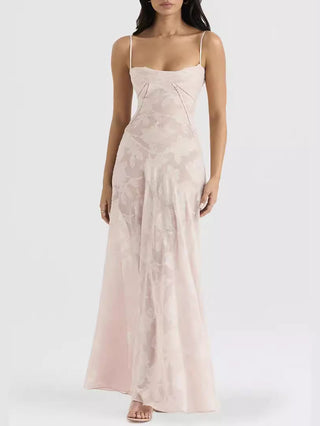 Spaghetti Strap Floral Mesh Lace‑Up Back Maxi Dress